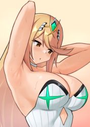 Rule 34 | 1girl, armpits, arms behind head, arms up, blonde hair, breasts, cleavage, headgear, highres, large breasts, long hair, mythra (radiant beach) (xenoblade), mythra (xenoblade), solo, strapless, sweat, swimsuit, xenoblade chronicles (series), xenoblade chronicles 2, yashiro misone (artist), yellow eyes
