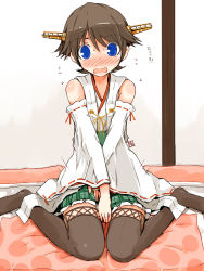Rule 34 | 10s, 1girl, bare shoulders, black thighhighs, blue eyes, blush, brown hair, covering privates, covering crotch, detached sleeves, embarrassed, flying sweatdrops, futon, hairband, hiei (kancolle), highres, kanoe soushi, kantai collection, looking at viewer, motion lines, nontraditional miko, nose blush, open mouth, plaid, plaid skirt, pleated skirt, ribbon-trimmed sleeves, ribbon trim, short hair, sitting, skirt, solo, thighhighs, translation request, wariza