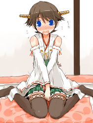 10s 1girl bare_shoulders black_thighhighs blue_eyes blush brown_hair covering_crotch covering_privates detached_sleeves embarrassed female_focus flying_sweatdrops futon hairband hiei_(kancolle) highres kanoe_soushi kantai_collection looking_at_viewer motion_lines nontraditional_miko nose_blush open_mouth plaid_clothes plaid_skirt pleated_skirt ribbon-trimmed_sleeves ribbon_trim short_hair sitting skirt solo thighhighs translation_request wariza