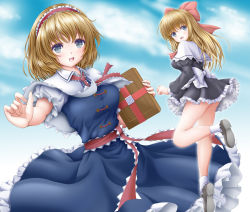 Rule 34 | 1girl, :d, akino irori, alice margatroid, black dress, blonde hair, blue dress, blue eyes, blue sky, bobby socks, book, breasts, brown footwear, capelet, cloud, commentary request, cowboy shot, day, dress, floating, frilled skirt, frills, grimoire, grimoire of alice, hair ribbon, hairband, highres, holding, holding book, juliet sleeves, leaning to the side, leg lift, lolita hairband, long hair, long sleeves, looking at viewer, looking back, medium breasts, open mouth, outdoors, outstretched hand, partial commentary, petticoat, puffy sleeves, red neckwear, ribbon, sash, shanghai doll, short dress, short hair, skirt, sky, smile, socks, solo, standing, touhou, very long hair, white capelet, white socks, wind