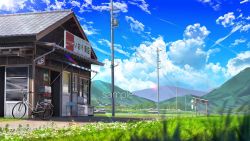 Rule 34 | amanun, awning, bicycle, blue sky, blurry, building, bus stop, candy store, chair, cloud, commentary request, contrail, day, depth of field, dirt road, grass, highres, house, landscape, lens flare, mountain, mountainous horizon, no humans, original, outdoors, power lines, road, rural, sample watermark, scenery, shop, sign, sky, summer, utility pole, watermark, window