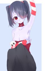 Rule 34 | 1girl, areola slip, bare shoulders, blue skin, breasts, colored skin, detached collar, detached sleeves, dress, hair over one eye, highres, red eyes, skullgirls, solo, squigly (skullgirls), striped, striped sleeves, zombie