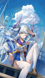 Rule 34 | 1girl, blue sky, boat, breasts, cloud, headgear, highres, ji dao ji, le fantasque (warship girls r), lighthouse, long hair, multicolored clothes, multicolored swimsuit, neckerchief, one-piece swimsuit, one eye closed, orange eyes, orange neckerchief, outdoors, sailboat, salute, sitting, sky, small breasts, smile, solo, swimsuit, swimsuit under clothes, thighhighs, tongue, tongue out, twintails, warship girls r, watercraft, white hair, white thighhighs