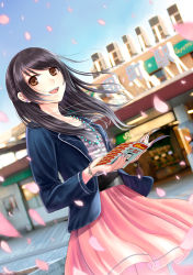 Rule 34 | 1girl, black hair, bracelet, brown hair, casual, day, dutch angle, earrings, jacket, jewelry, kazuharu kina, long hair, looking away, magazine (object), necklace, open mouth, original, outdoors, petals, pink skirt, skirt, smile, solo, wind