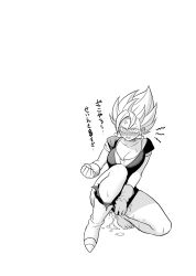 Rule 34 | 1girl, aftersex, anger vein, blush, boots, clenched hand, cum, cumdrip, dougi, dragon ball, dragonball z, earrings, embarrassed, fuka (kirrier), full body, genderswap, genderswap (mtf), gloves, greyscale, highres, jewelry, monochrome, nose blush, pants, potara earrings, solo, spiked hair, squatting, super saiyan, super saiyan 1, torn clothes, torn pants, translation request, vegetto