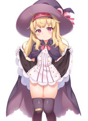Rule 34 | 1girl, bandaid, bandaid on clothes, bandaid on knee, bandaid on leg, black cloak, black dress, black headwear, black thighhighs, blonde hair, cloak, clothes lift, commentary request, dress, dress lift, gloves, hairband, hat, hat ribbon, highres, lifting own clothes, little witch nobeta, long hair, maki (natoriumu), nobeta, red eyes, ribbon, short dress, simple background, solo, striped clothes, striped dress, thighhighs, thighs, two-tone dress, vertical-striped clothes, vertical-striped dress, white background, white dress, white gloves, witch hat