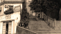 Rule 34 | 2nd renaissance, air conditioner, building, city, door, graphite (medium), highres, monochrome, no humans, original, outdoors, plant, railing, scenery, sepia, stairs, traditional media, tree, tree shade, window