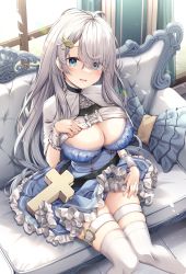 Rule 34 | 1girl, black choker, black thighhighs, blue bra, blue dress, blue hair, bra, breasts, choker, cleavage, clothes lift, commentary, couch, cowboy shot, cross, curtains, dress, eyes visible through hair, forehead, frilled dress, frills, grey hair, hair over one eye, heart o-ring, highres, indoors, kinokomushi, knees together feet apart, lace, lace-trimmed bra, lace trim, large breasts, lifted by self, long hair, looking at viewer, open mouth, original, panties, pantyshot, rainbow gradient, shadow, shirt lift, sitting, skirt, skirt lift, solo, thigh strap, thighhighs, thighs, underwear, window, wrist cuffs