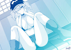 Rule 34 | 1girl, alternate costume, bikini, bikini top only, blue theme, blush, boots, breasts, closed mouth, commentary request, dutch angle, flat cap, foot out of frame, hair bobbles, hair ornament, hands on own cheeks, hands on own face, hat, highres, kagiyama shachou, kawashiro nitori, large breasts, looking at viewer, m legs, medium hair, monochrome, navel, one eye closed, partially visible vulva, rubber boots, short shorts, shorts, sidelocks, smile, solo, spread legs, swimsuit, touhou, two side up