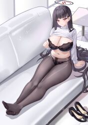 Rule 34 | 1girl, absurdres, black bra, black footwear, black hair, black panties, black pantyhose, blue archive, blush, bra, breasts, cleavage, hair ornament, hairpin, halo, high heels, highres, kaijiba, large breasts, long hair, long sleeves, looking at viewer, no pants, open mouth, panties, panties under pantyhose, pantyhose, red eyes, ribbed sweater, rio (blue archive), shoes, sitting, solo, sweater, toes, underwear, unworn shoes, white sweater