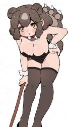Rule 34 | 010mzam, 1girl, alternate costume, animal ears, bare shoulders, bear ears, bear girl, paw stick, bear tail, black footwear, black leotard, black thighhighs, blush, brown bear (kemono friends), brown hair, commentary request, detached collar, extra ears, highres, kemono friends, leotard, looking at viewer, multicolored hair, orange eyes, playboy bunny, short hair, sidelocks, solo, strapless, strapless leotard, tail, thighhighs, two-tone hair, weapon, white hair, wrist cuffs