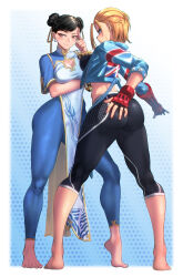 Rule 34 | 2girls, absurdres, ass, barefoot, black hair, blonde hair, blue eyes, blue thighhighs, bracelet, breasts, bun cover, cammy white, capcom, chun-li, cleavage, double bun, facial scar, feet, gloves, hair bun, highres, jewelry, large breasts, leotard, looking at viewer, looking back, medium breasts, medium hair, multiple girls, red gloves, scar, scar on cheek, scar on face, spiked bracelet, spikes, street fighter, street fighter 6, thick thighs, thighhighs, thighs, thong leotard, toes, unitard, yamauchi (conan-comy)