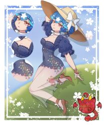 Rule 34 | 1girl, absurdres, arm behind head, bao (vtuber), bao (vtuber) (6th costume), black footwear, blue hair, blue shirt, bow, breasts, choker, cleavage, collarbone, commentary, covered navel, english commentary, flower, hair bow, hat, high-waist shorts, high heels, highres, indie virtual youtuber, long skirt, looking up, medium breasts, open hand, parted lips, sasuri (vtuber) (artist), see-through, see-through skirt, shirt, shorts, skirt, solo, star (symbol), sun hat, virtual youtuber, watermark, white bow, white choker, wrist cuffs, zoom layer