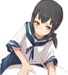 Rule 34 | 1girl, alchera, black hair, blue skirt, brown eyes, commentary request, cowboy shot, fubuki (kancolle), kantai collection, leaning to the side, low ponytail, pleated skirt, ponytail, short ponytail, sidelocks, simple background, skirt, solo, white background