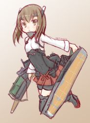 Rule 34 | 10s, 1girl, artist name, bike shorts, bow (weapon), brown eyes, brown hair, crossbow, flight deck, hakama, hakama short skirt, hakama skirt, hanimaru (h@nimaru), headgear, japanese clothes, jumping, kantai collection, long sleeves, miniskirt, skirt, taihou (kancolle), weapon