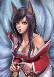 Rule 34 | 10s, 1girl, 2016, ahri (league of legends), animal ears, bare shoulders, black hair, breasts, cleavage, collarbone, dated, detached sleeves, facial mark, fingernails, fox ears, fox tail, highres, korean clothes, large breasts, league of legends, leaning forward, lips, lipstick, long fingernails, makeup, multiple tails, nail polish, nose, open mouth, qoiwrng, red lips, sharp fingernails, slit pupils, solo, tail, teeth, upper body, whisker markings, wide-eyed, yellow eyes