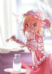 Rule 34 | 1girl, adapted costume, anger vein, backless outfit, bare shoulders, blonde hair, blurry, blurry background, bow, cake, chinese commentary, commentary request, cowboy shot, depth of field, fang, flandre scarlet, food, from behind, hair between eyes, hat, hat bow, hat ribbon, highres, holding, holding spoon, indoors, liu zhao, looking at viewer, looking back, medium hair, mob cap, open mouth, red bow, red ribbon, red skirt, red vest, ribbon, shirt, skirt, sleeve ribbon, solo, spoon, surprised, tiered tray, touhou, vest, white hat, white shirt, wrist cuffs, yellow eyes