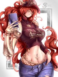Rule 34 | 1girl, absurdres, artist request, breasts, casual, cellphone, closed mouth, covered eyes, denim, elden ring, hat, highres, jeans, long hair, malenia blade of miquella, mechanical arms, navel, pants, phone, prosthesis, prosthetic arm, red hair, shirt, simple background, single mechanical arm, smile, solo, very long hair