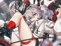 Rule 34 | 1girl, black footwear, black shorts, bronya zaychik, casual, controller, drill hair, food, food in mouth, grey hair, holding, holding controller, honkai (series), honkai impact 3rd, jacket, long sleeves, looking at viewer, pocky, project bunny, purple eyes, red legwear, shoe soles, shoes, shorts, sneakers, solo, thigh strap, twin drills, white jacket, zomzomzomsauce