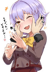 Rule 34 | 10s, :d, absurdres, blush, brown eyes, hair ornament, hairclip, hands on another&#039;s face, highres, idolmaster, idolmaster cinderella girls, koshimizu sachiko, looking at another, okitsugu, open mouth, purple hair, short hair, smile, solo focus