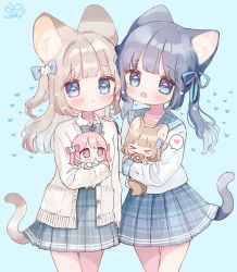 Rule 34 | &gt; &lt;, 4girls, :d, :o, ame usako, animal ears, blue background, blue bow, blue eyes, blue hair, blue ribbon, blue sailor collar, blue skirt, blush, bow, brown eyes, brown hair, cat ears, cat girl, cat hair ornament, cat tail, chibi, closed eyes, collared shirt, commentary request, doughnut, eating, finger to mouth, food, hair bow, hair ornament, hair ribbon, hand on another&#039;s shoulder, heart, highres, holding, holding food, jacket, long hair, long sleeves, looking at viewer, mini person, minigirl, multiple girls, open clothes, open jacket, open mouth, original, parted lips, pink bow, pink hair, plaid, plaid sailor collar, plaid skirt, pleated skirt, rabbit hair ornament, ribbon, sailor collar, school uniform, serafuku, shirt, signature, simple background, skirt, sleeves past wrists, smile, spoken heart, tail, twintails, two side up, white jacket, white shirt