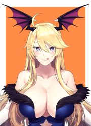 Rule 34 | 1girl, alternate costume, blonde hair, blue eyes, breasts, collarbone, demon wings, fur trim, halloween, head wings, heart, heart-shaped pupils, highres, iowa (kancolle), kantai collection, large breasts, licking lips, long hair, looking at viewer, odachu, orange background, smile, solo, symbol-shaped pupils, tongue, tongue out, upper body, wings
