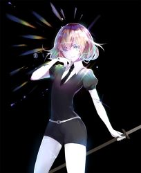Rule 34 | 1other, :|, belt, black background, black necktie, black shirt, black shorts, bob cut, closed mouth, cracked skin, diamond (houseki no kuni), glowing skin, hand on own cheek, hand on own face, highres, holding, holding sword, holding weapon, houseki no kuni, issign, multicolored eyes, multicolored hair, necktie, rainbow eyes, rainbow hair, shirt, short hair, short sleeves, shorts, solo, sword, weapon