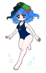 Rule 34 | 1girl, :o, blue eyes, blue hair, blush stickers, breasts, closed mouth, dotaku (wran8845), female focus, full body, green hat, hair bobbles, hair ornament, hat, kawashiro nitori, key, looking at viewer, medium hair, one-piece swimsuit, running, school swimsuit, simple background, small breasts, solo, swimsuit, touhou, two side up, white background