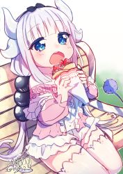 Rule 34 | 10s, 1girl, 2017, artist name, bench, blue eyes, blunt bangs, capelet, crepe, dated, dragon girl, dragon horns, dragon tail, dress, eating, food, hairband, highres, holding, holding food, horns, kanna kamui, kitasaya ai, kobayashi-san chi no maidragon, long hair, monster girl, on bench, open mouth, signature, silver hair, sitting, solo, tail, thighhighs, thighs, twintails, white thighhighs, zettai ryouiki