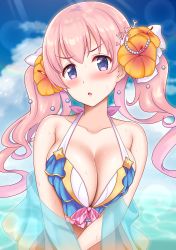 Rule 34 | 1girl, absurdres, bikini, blue bikini, blue sky, breasts, cleavage, cloud, collarbone, commentary request, day, flower, hair flower, hair ornament, highres, large breasts, long hair, looking at viewer, ocean, pink hair, princess connect!, purple eyes, sky, solo, swimsuit, tsumugi (princess connect!), tsumugi (summer) (princess connect!), twintails, upper body, yue (show-ei)