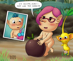 Rule 34 | 1boy, 1girl, 2023, absurdres, alph (pikmin), barefoot, blue hair, blush, brittany (pikmin), cherry, cleft of venus, completely nude, english text, feet, flat chest, flower, flying pikmin, food, freckles, fruit, full body, glasses, grass, heart, highres, leaf, nipples, nude, open mouth, outdoors, panels, pikmin (creature), pikmin (series), pikmin 3, pink hair, pussy, red-framed eyewear, short hair, sl350, solo focus, speech bubble, spoken heart, toes, yellow pikmin