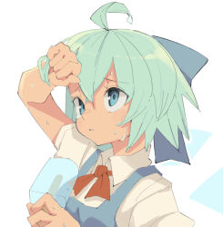 Rule 34 | 1girl, ahoge, aqua hair, arm up, blue bow, blue dress, blue eyes, blush, bow, cirno, collared shirt, dress, food, hair bow, highres, holding, holding food, holding popsicle, hot, ice, ice wings, neck ribbon, parted lips, popsicle, red ribbon, ribbon, shirt, short hair, short sleeves, simple background, solo, sweat, tenoo12, touhou, upper body, white shirt, wings