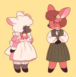 Rule 34 | 2girls, animal ears, animal nose, apron, back bow, bell, black fur, black ribbon, bloomers, body fur, bow, bowtie, brown fur, brown hair, closed mouth, commentary, cowbell, curly hair, deer ears, deer girl, dress, english commentary, eye contact, flower, frilled apron, frills, from side, full body, furry, furry female, green dress, hair flower, hair ornament, hands up, high collar, hooves, juliet sleeves, legs apart, light smile, long sleeves, looking at another, looking to the side, maid apron, medium dress, multiple girls, muted color, neck bell, neck ribbon, original, own hands together, pinafore dress, pink dress, pleated dress, profile, puffy long sleeves, puffy sleeves, red bow, red bowtie, ribbon, rii abrego, sheep ears, sheep girl, short hair, signature, simple background, sleeve cuffs, sleeveless dress, snout, standing, underwear, white apron, white bow, white hair, yellow background
