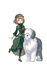 Rule 34 | 1girl, :d, beatrice (princess principal), black legwear, blunt bangs, brown eyes, brown hair, dress, full body, green dress, green footwear, green hat, hat, highres, looking at viewer, official art, open mouth, princess principal, princess principal game of mission, sheep dog, shoes, short hair, smile, solo, standing, standing on one leg, transparent background