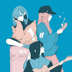 Rule 34 | 3girls, absurdres, baggy clothes, black hair, black jacket, black shirt, black shorts, blue background, blue eyes, blue hair, blue jacket, blue theme, brown jacket, commentary request, guitar, headphones, heart, high collar, highres, holding, holding instrument, instrument, jacket, listening to music, long bangs, long hair, long sleeves, looking at viewer, looking to the side, medium hair, multiple girls, nocopyrightgirl, original, pale skin, parted lips, pink eyes, pink hair, shirt, shoes, shorts, sitting, sleeves past wrists, speaker, upper body