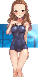 Rule 34 | 1girl, absurdres, arm at side, blue one-piece swimsuit, blurry, blurry background, blush, braid, braided bangs, breasts, brown hair, collarbone, covered navel, feet out of frame, forehead, gluteal fold, hand on own chest, hand up, hasumushi, highres, idolmaster, idolmaster cinderella girls, letterboxed, long hair, looking at viewer, medium breasts, one-piece swimsuit, open mouth, school swimsuit, seki hiromi, smile, solo, swimsuit, thigh gap, very long hair