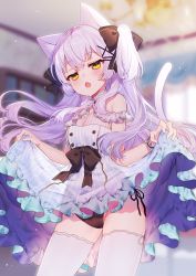 Rule 34 | 1girl, animal ear fluff, animal ears, black panties, blue dress, blush, bow, cat ears, cat tail, clothes lift, dress, dress lift, hair bow, hair ornament, hairclip, highres, kawachi rin, lifted by self, long hair, open mouth, original, panties, pink hair, ribbon, side-tie panties, solo, striped clothes, striped dress, tail, thighhighs, thighs, two-sided fabric, two-sided skirt, two side up, underwear, white thighhighs, yellow eyes