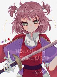 Rule 34 | 1girl, black sash, breasts, chromatic aberration, closed mouth, copyright name, eyelashes, film grain, gloves, green eyes, han (hn-khk), highres, holding, holding sword, holding weapon, looking at viewer, medium breasts, melisandre (unicorn overlord), pink hair, puffy short sleeves, puffy sleeves, purple shirt, red tabard, sash, shirt, short hair, short sleeves, smile, solo, sword, tabard, twitter username, two side up, unicorn overlord, weapon, white background, white gloves