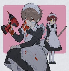 Rule 34 | 2boys, ahoge, alternate costume, apron, bandage on face, bandages, black dress, black footwear, blood, blood on clothes, blood on face, blood on hands, brown hair, closed mouth, crossdressing, dress, drill, ear piercing, enmaided, hair between eyes, holding, long sleeves, looking at viewer, maid, maid headdress, male focus, multiple boys, original, parted lips, piercing, pillow (nutsfool), red eyes, red hair, simple background, sweat, two-tone background, white apron, white legwear, yellow eyes
