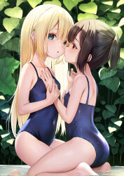 Rule 34 | 2girls, bare shoulders, black hair, blonde hair, blue eyes, blue one-piece swimsuit, blush, breasts, collarbone, highres, long hair, looking at viewer, multiple girls, one-piece swimsuit, open mouth, original, red eyes, short hair, short ponytail, sidelocks, small breasts, swimsuit, thighs, yan (nicknikg)