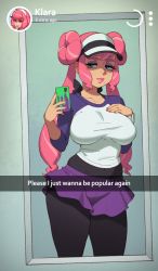 Rule 34 | 1girl, absurdres, breasts, cellphone, character name, cosplay, covered navel, creatures (company), curvy, double bun, eyeshadow, game freak, hair bun, hat, highres, holding, holding phone, klara (pokemon), large breasts, lips, lipstick, long hair, makeup, mirror, mole, mole under mouth, nail polish, nintendo, pantyhose, phone, pink hair, pink nails, pokemon, pokemon bw2, pokemon swsh, purple eyes, riz, rosa (pokemon), rosa (pokemon) (cosplay), selfie, shirt, shorts, solo, standing, thick thighs, thighs, very long hair, wide hips