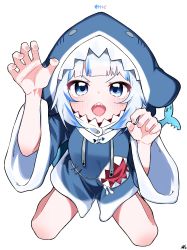Rule 34 | 1girl, animal hood, arm up, blue eyes, blue hair, blue hoodie, blush, claw pose, commentary, drawstring, eyebrows hidden by hair, fins, fish skeleton, fish tail, gawr gura, gawr gura (1st costume), hand up, highres, hololive, hololive english, hood, hood up, hoodie, long sleeves, looking at viewer, multicolored hair, open mouth, romaji commentary, shark hood, shark tail, sharp teeth, signature, simple background, solo, streaked hair, tail, teeth, tosyeo, v-shaped eyebrows, virtual youtuber, white background, white hair, wide sleeves