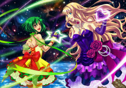 Rule 34 | 2girls, arm garter, back, bare shoulders, blonde hair, blue eyes, bow, breasts, cleavage, dress, earth (planet), elbow gloves, emi (penguin908), fishnet pantyhose, fishnets, flower, frills, gloves, green hair, holding hands, jewelry, long hair, macross, macross frontier, medium breasts, multiple girls, necklace, open mouth, pantyhose, planet, ranka lee, red eyes, red flower, red rose, ribbon, rose, sheryl nome, short hair, sky, small breasts, smile, space, star (sky), star (symbol), starry sky, thighhighs