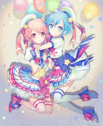 Rule 34 | 1boy, 1girl, bad id, bad pixiv id, balloon, blue eyes, blue hair, bow, brother and sister, crossdressing, dorothy west, dress, hat, high heels, hou (ppo), hug, looking at viewer, pretty series, pripara, puffy sleeves, red eyes, red hair, reona west, short hair, short sleeves, siblings, thigh strap, thighhighs, trap, twins, wrist cuffs