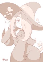Rule 34 | 10s, 1girl, breasts, cleavage, collarbone, dress, female focus, hair over one eye, half-closed eyes, hat, little witch academia, long hair, long sleeves, pale color, randou, simple background, sleeves past wrists, smile, solo, sucy manbavaran, white background, wide sleeves, witch, witch hat