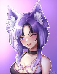 Rule 34 | 1girl, animal ear fluff, animal ears, artist name, awful queen (vtuber), black choker, blush, breasts, choker, fox ears, fox girl, highres, indie virtual youtuber, large breasts, looking at viewer, monster girl, one eye closed, open mouth, purple hair, rorichi, short hair