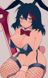 Rule 34 | 1girl, absurdres, animal ears, blue eyes, blue hair, blush, bow, bowtie, breasts, cleavage, detached collar, fake animal ears, fishnet thighhighs, fishnets, garter straps, highres, kill la kill, large breasts, leotard, looking at viewer, matoi ryuuko, milkyway0114, playboy bunny, rabbit ears, rabbit tail, red bow, red hair, revealing clothes, scissor blade (kill la kill), short hair, solo, strapless, strapless leotard, tail, thick thighs, thighhighs, thighs