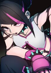 Rule 34 | 1girl, absurdres, arm on knee, black background, black gloves, black hair, bracelet, candy, collar, diagonal bangs, fingerless gloves, food, food in mouth, gloves, han juri, hand on own hip, highres, jewelry, kurochu0025, lollipop, looking at viewer, lower teeth only, multicolored hair, open mouth, pink hair, sleeveless, solo, spiked bracelet, spiked collar, spikes, street fighter, street fighter 6, teeth, two-tone hair, zipper, zipper pull tab