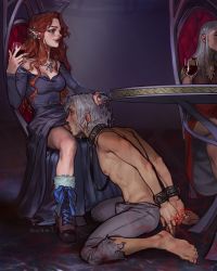 Rule 34 | 1boy, 2girls, artist name, blue dress, boots, breasts, carmilla, castlevania (series), castlevania (netflix), chair, clothes lift, collar, cunnilingus, dress, dress lift, duski, femdom, forced, grabbing another&#039;s hair, hector (castlevania), highres, indoors, jewelry, lenore (castlevania), long hair, medium breasts, multiple girls, multitasking, necklace, no panties, on chair, oral, orange hair, pointy ears, red eyes, sitting, slave