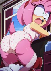 Rule 34 | 1girl, ahoge, amy rose, animal ears, armpits, ass, assisted exposure, blush, bra, breasts, cameltoe, clothes pull, day, dress, dress pull, embarrassed, euf-dreamer, eyelashes, female focus, flying sweatdrops, from behind, furry, furry female, gloves, green eyes, hairband, heart, heart print, hedgehog, hedgehog ears, hedgehog tail, highres, humiliation, indoors, leaning forward, legs, looking to the side, medium breasts, medium hair, open mouth, panties, pink hair, pov, pov hands, print panties, shiny skin, sky, sonic (series), sports bra, standing, sweat, tail, tail raised, tears, thighs, turning head, two-tone fur, underboob, underwear, underwear only, white bra, white gloves, white panties, window